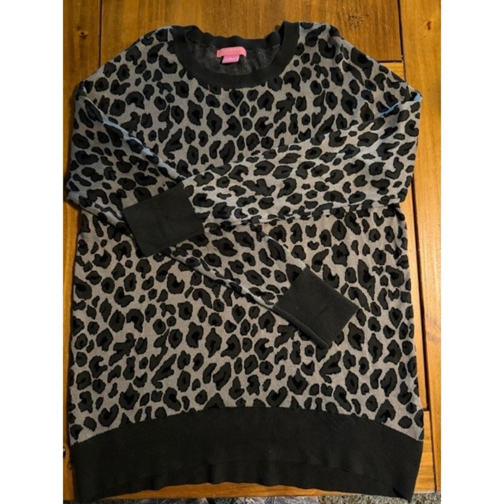 Isaac Mizrahi New York Womens Leopard Print Sweater Gray Black Crew Neck Large‎